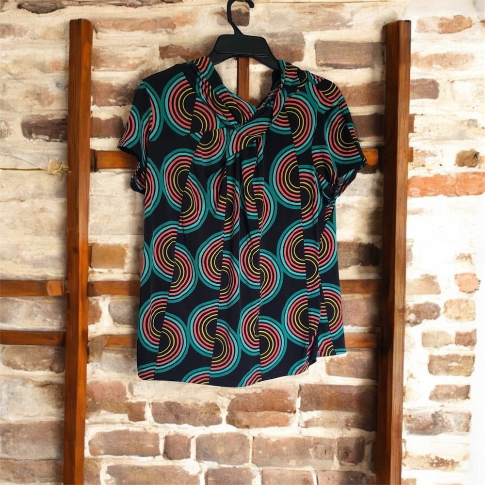 Worthington Blue and Brown Graphic Blouse with Mandarin Collar
